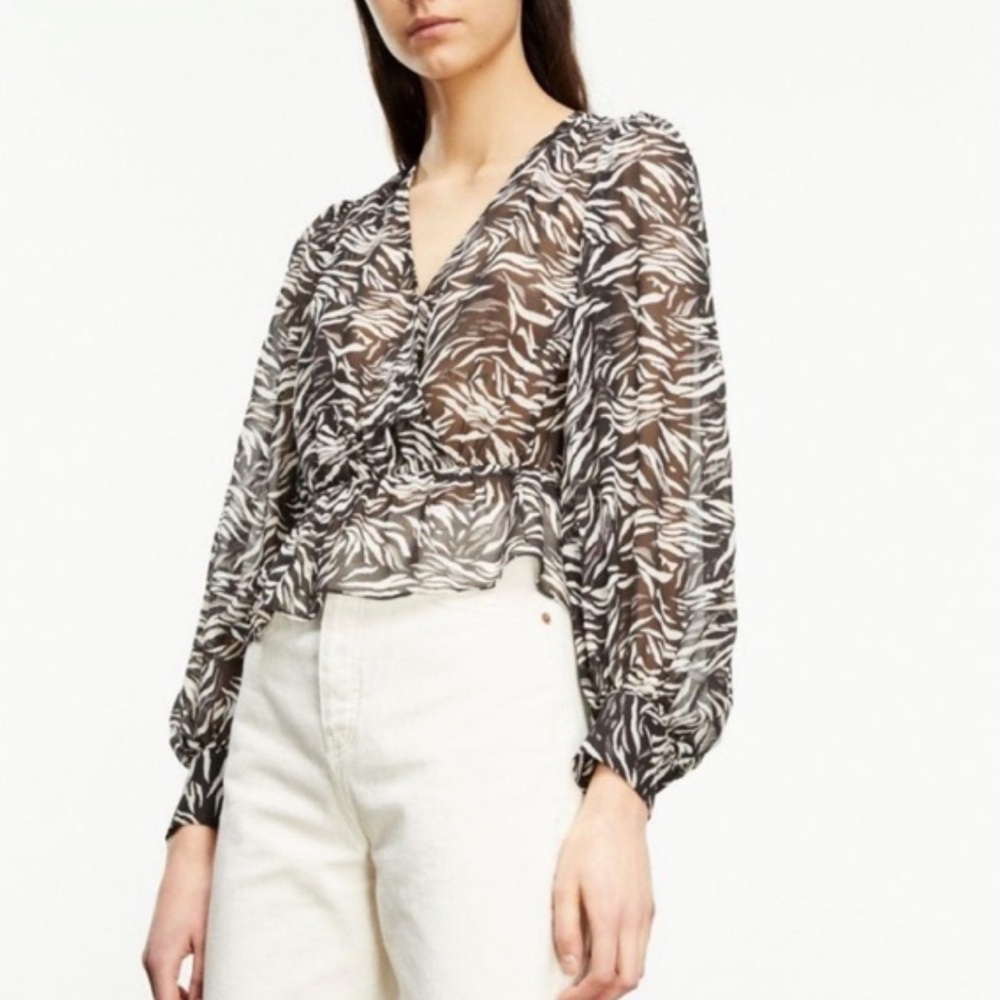 The Kooples Blouse Womens Medium Flowing Black White Zebra Print Sheer V Neck